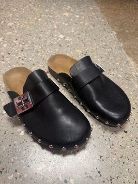 Tory Burch Mellow Leather Buckle Slide Mules Black and Silver Women’s Size 7